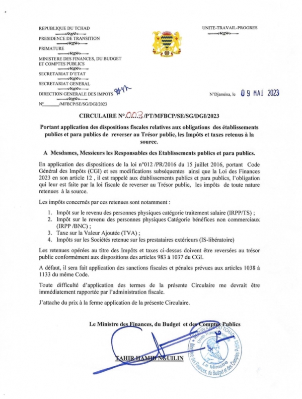 Circulaire N°003/PT/MFBCP/SE/SG/DGI2023, Portant application des dispositions fiscales aux obligations des établissements publics et para publics de reverser au trésor publics, les impôts et taxes retenus à la source