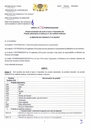 ARRETE N°076-2020 Portant exonération des droits et taxes à l&#039;importation des Produits et de matériels médicaux.