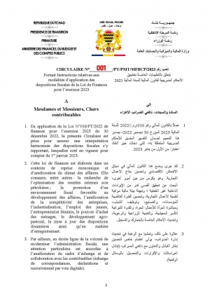 CIRCULAIRE N° 001/PT/PMT/MFBCP/2023 Portant Instructions relatives aux modalités d’application des  dispositions fiscales de la Loi de Finances pour l’exercice 2023