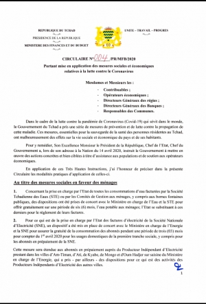 Circulaire N°004 du Ministère des Finances et du Budget  Portant mise en application des mesures sociales et économiques