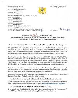 INSTRUCTION N°03/MFBCP/DG/2023 PORTANT APPLICATION EFFECTIVE DE LA TELE DECLARATIONS DE TOUS IMPOTS ET TAXES AUX CONTRIBUABLES DE LA DIRECTION GENERALE DES IMPOTS