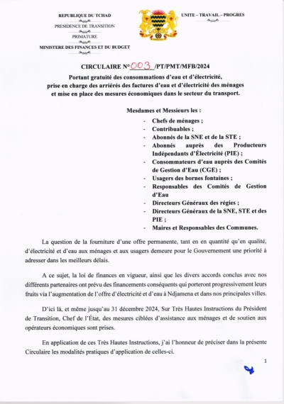 CIRCULAIRE N° 003/PT/PMT/MFB/2024 Portant gratuité des consommations d’eau et d’électricité, prise en charge des arriérés des factures d’eau et d’électricité des ménages et mise en place des mesures économiques dans le secteur du transport.