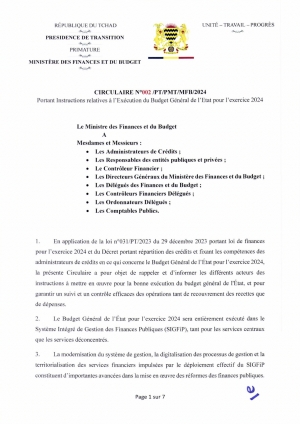 Circulaire N°002/PT/PMT/MFB/2024 Portant Instruction relatives à l&#039;Exécution du Budget Général de l&#039;Etat pour l&#039;exercice 2024