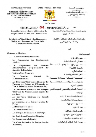 CIRCULAIRE N&deg; 002 MFBEPCI/2026    Portant Instructions relatives &agrave; l&rsquo;Ex&eacute;cution du  Budget G&eacute;n&eacute;ral de l&rsquo;&Eacute;tat pour l&rsquo;exercice 2026