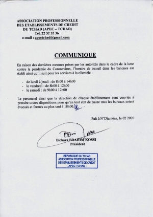 COMMUNIQUE  DE L&#039;ASSOCIATION PROFESSIONNELLE DES ETABLISSEMENTS DE CREDIT DU TCHAD (APEC-TCHAD)