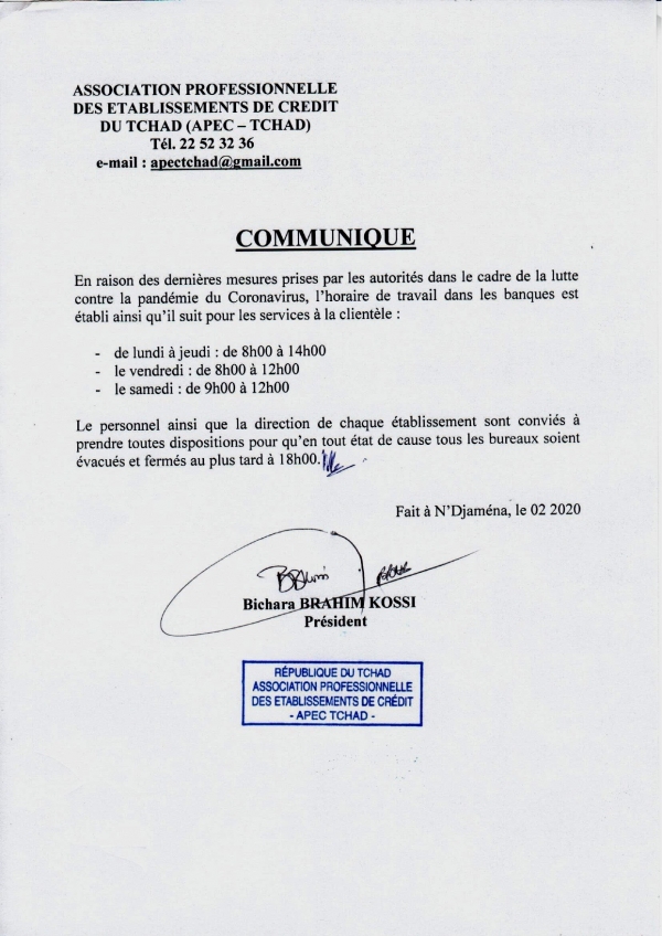 COMMUNIQUE  DE L&#039;ASSOCIATION PROFESSIONNELLE DES ETABLISSEMENTS DE CREDIT DU TCHAD (APEC-TCHAD)