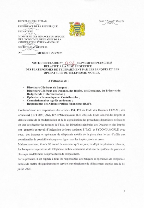 NOTE CIRCULAIRE N ° 004 PR/PM/MFBPEPCI/SG/2025 RELATIVE A LA MISE EN SERVICE DES PLATEFORMES DE TELEPAIEMENT PAR LES BANQUES ET LES OPERATEURS DE TELEPHONIE MOBILE