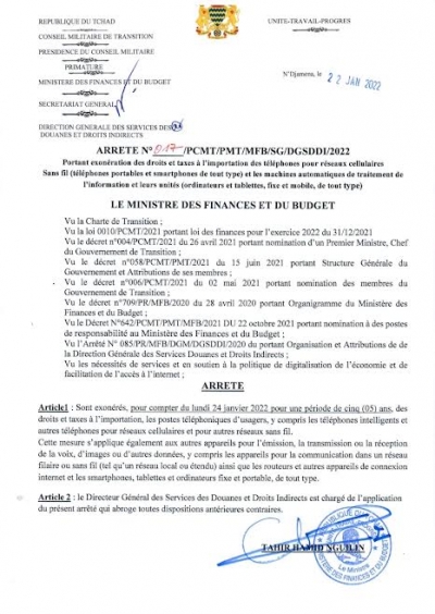 Arrêté N°017 /PCMT/PMT/MFB/SG/DGSDDI/2022 Portant exonération des droits et taxes à l'importation des téléphones pour réseaux cellulaires Sans fil (téléphones portables et smartphones de tout type) et les machines automatiques de traitement de l'info