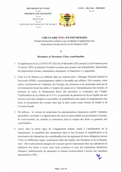 CIRCULAIRE N°001/PT/PM/MFB/2024 Portant Instructions relatives aux modalités d&#039;application des dispositions fiscales de la Loi de Finances 2024