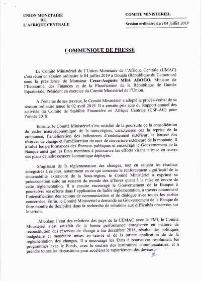 COMMUNIQUE DE PRESSE DU COMITE MINISTERIEL DE L'UNION MONETAIRE DE L'AFRIQUE CENTRALE