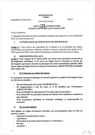 Loi N&deg; 008/AN/SENAT/2025 du 26 d&eacute;cembre 2025, portant Loi des finances pour l&rsquo;exercice 2026.