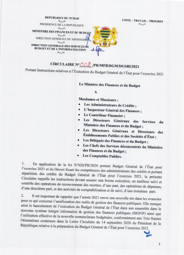 Circulaire N°002/PR/MFB/DGM/DGSBI/2021 portant instructions relatives à l&#039;exécution du Budget Général de l&#039;Etat pour l&#039;exercice 2021.