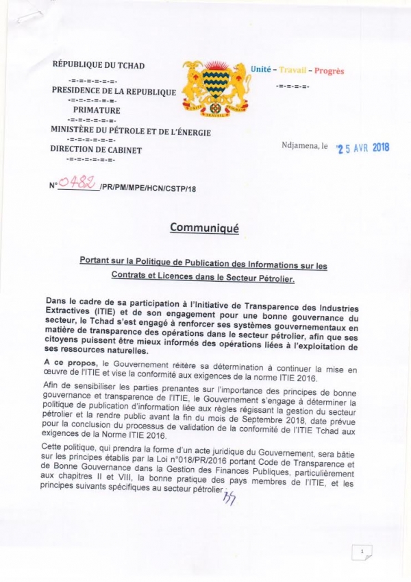 COMMUNIQUE PORTANT SUR LA POLITIQUE DE PUBLICATION DES INFORMATIONS SUR LES CONTRATS ET LICENCES DANS LE SECTEUR PETROLIER