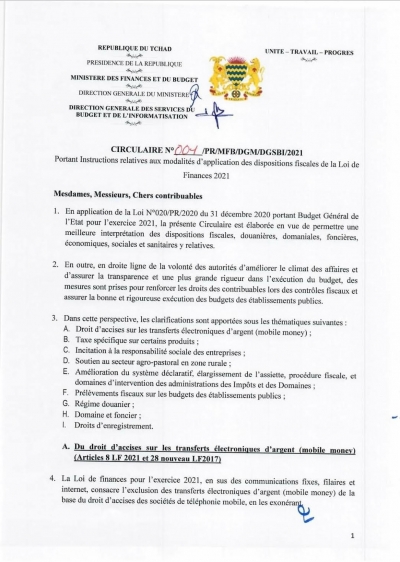 Circulaire N°001/PR/MFB/DGM/DGBSBI/2021 portant instructions relatives aux modalités d&#039;application des dispositions fiscales de la Loi de Finances 2021.