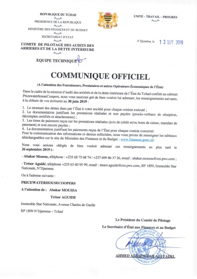 COMMUNIQUE OFFICIEL (A l&rsquo;attention des Fournisseurs, Prestataires et autres Op&eacute;rateurs &Eacute;conomiques de l&rsquo;&Eacute;tat)